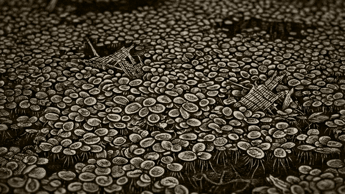 Duckweed-covered mill pond 